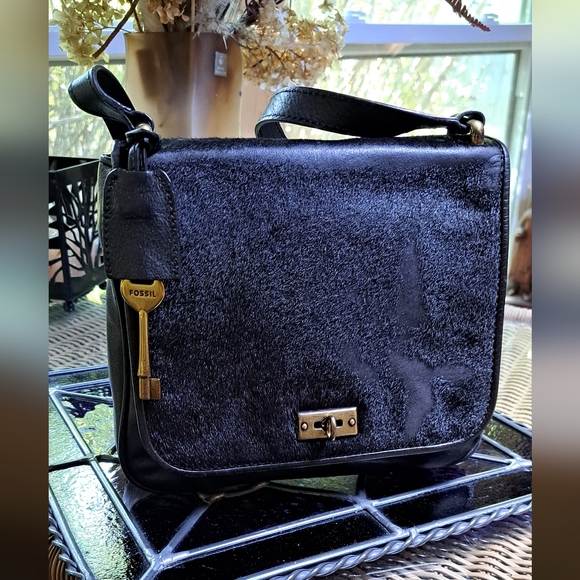 Fossil Handbags - Fossil Vintage Black Leather with Cow Hair Flap Messenger Bag. CLOSET SALE.